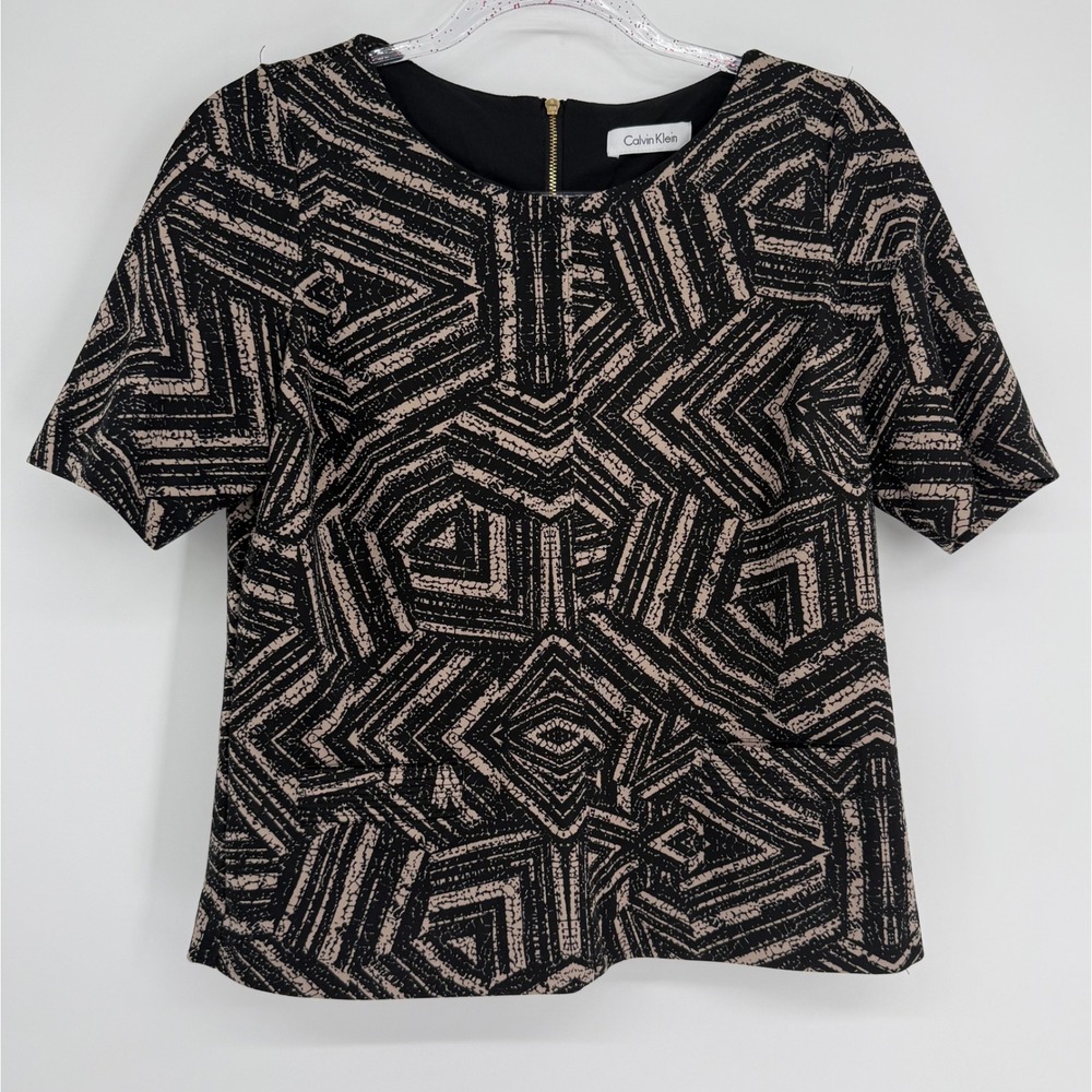 Calvin Klein Womens Geometric Print Short Sleeve Blouse Black Tan Zip Sz M